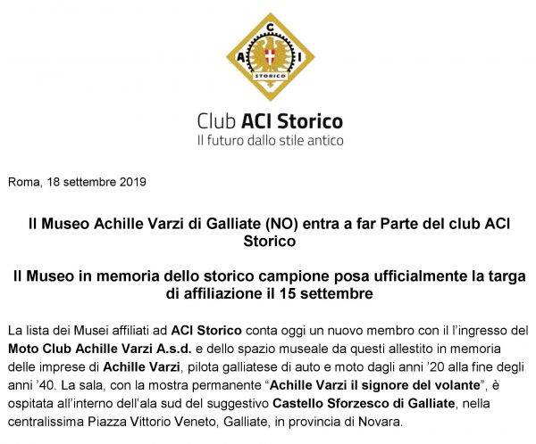 Il Museo Achille Varzi di Galliate entra a far Parte del club ACI Storico